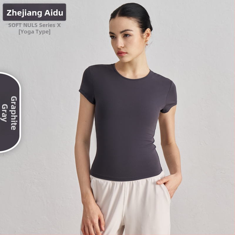 Dámske tričko na jogu a tréning s krátkymi rukávmi, priedušné, SNU tkanina, 91% nylon + 9% spandex, boková dĺžka, úzky strih