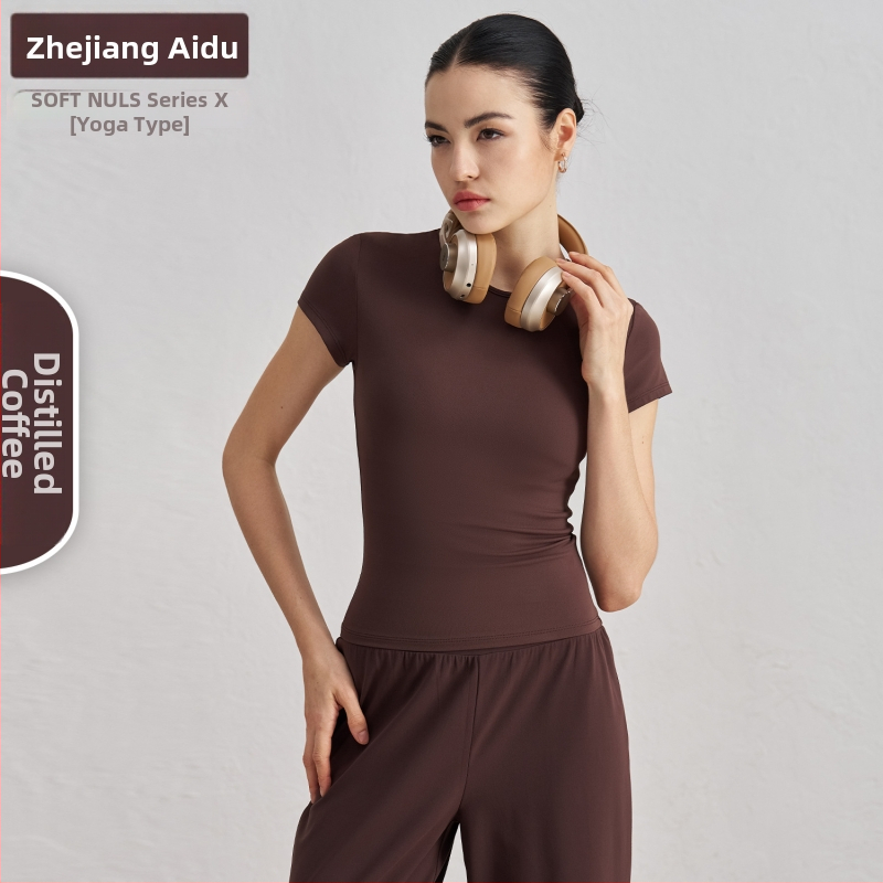 Dámske tričko na jogu a tréning s krátkymi rukávmi, priedušné, SNU tkanina, 91% nylon + 9% spandex, boková dĺžka, úzky strih