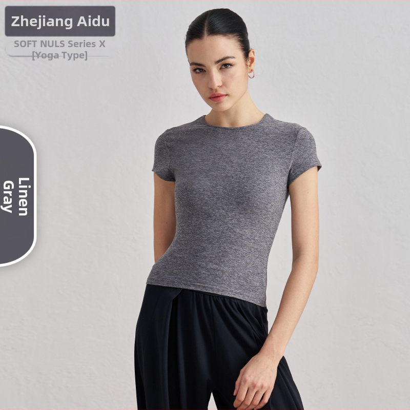 Dámske tričko na jogu a tréning s krátkymi rukávmi, priedušné, SNU tkanina, 91% nylon + 9% spandex, boková dĺžka, úzky strih