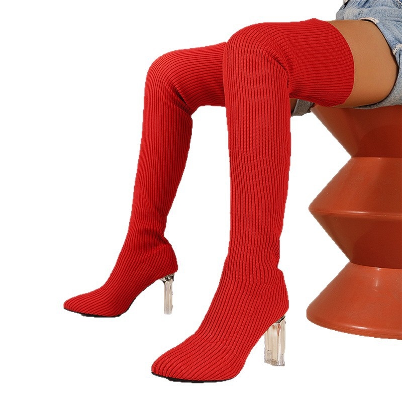 Čižmy nad kolená s ostrým špičkou, hrubý podpätok 6–8 cm, textilný vrch, Slip-On