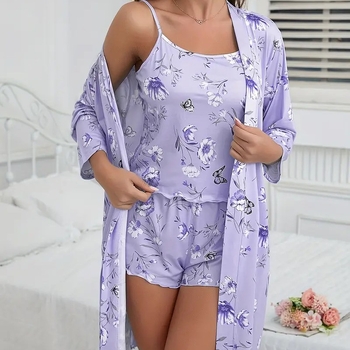 Spavaći set s naramenicama – europsko-američki stil, poliester, dugi rukavi, kratke hlače, bez ovratnika, 3-dijelni