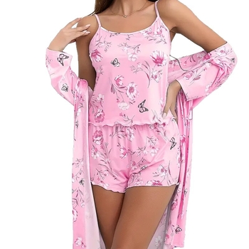 Spavaći set s naramenicama – europsko-američki stil, poliester, dugi rukavi, kratke hlače, bez ovratnika, 3-dijelni