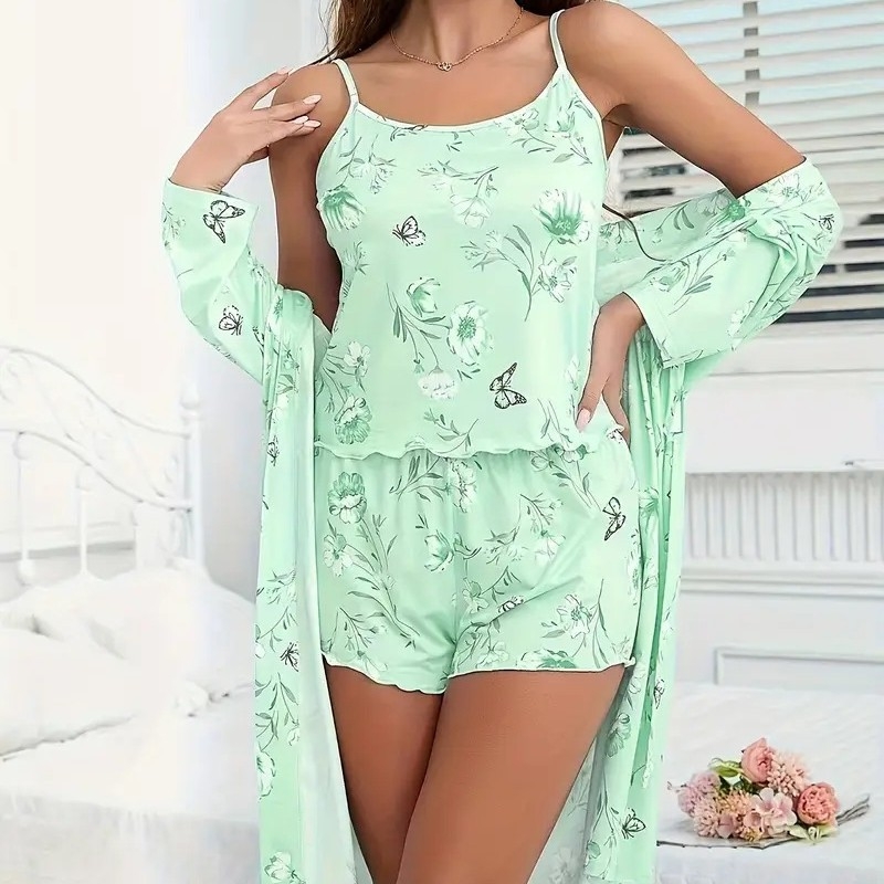 Spavaći set s naramenicama – europsko-američki stil, poliester, dugi rukavi, kratke hlače, bez ovratnika, 3-dijelni