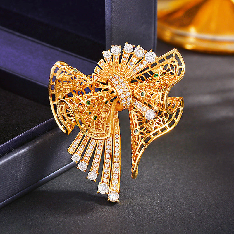 Brošňa z meďe, tvar mašličkového uzla, elektroplatovanie, XR11632, dámsky, vysoká trieda štýlu