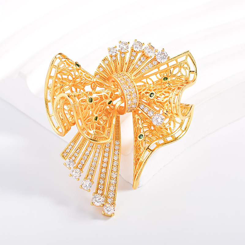 Brošňa z meďe, tvar mašličkového uzla, elektroplatovanie, XR11632, dámsky, vysoká trieda štýlu