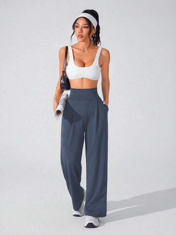 Ženske duge joga hlače s visokim strukom i ravnim krojem, poliestersko-akrilna smjesa, bez naboranja, blagi stretch