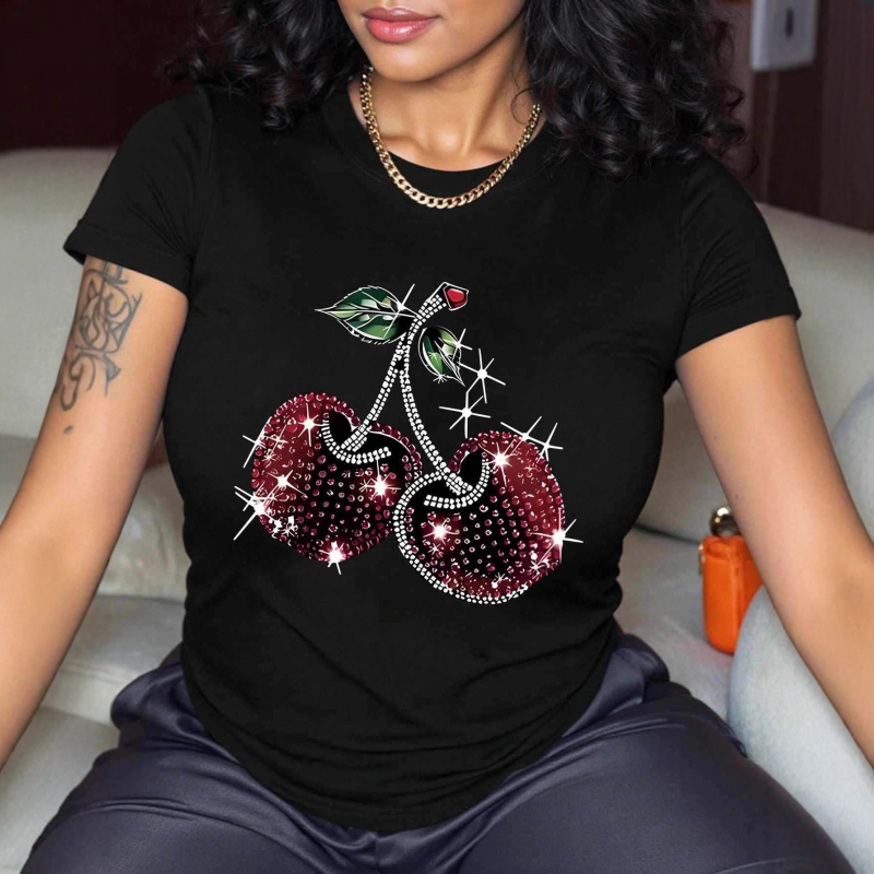 Dámske tričko so sakura potlačou, okrúhly výstrih, krátke rukávy, polyester s elastanom, rovný strih, leto 2025