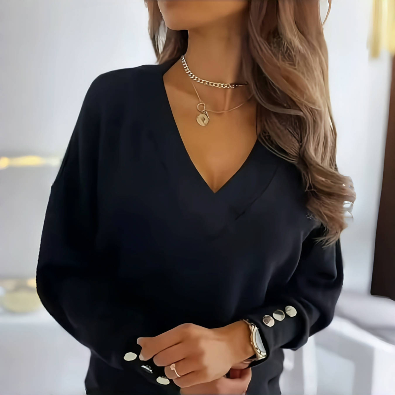 Ženski pleteni top s V-izrezom – dugi rukav, slobodan kroj, normalna duljina, spandex materijal