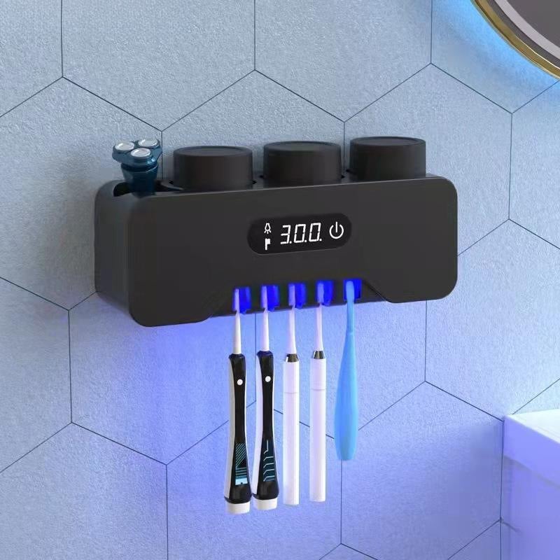 Elektrický sterilizátor na zubné kefky s UV sušením, integrovaný lis na pastu a úložný priestor na pohár bez perforácie