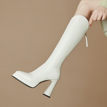 Dámske módne čižmy - PU vrchný materiál, gumová podrážka, okrúhla špička, hrubý podpätok, vysoká holenná časť