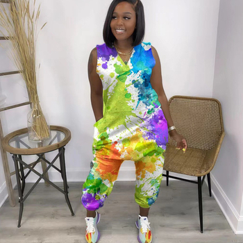 XT8310 Tie-Dye overal, 95% polyester, bez rukávov, úzke nohavice, leto 2023