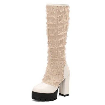 Stredne vysoké čižmy z elastickej látky, okrúhla špička, hrubý vysoký podpätok (>8 cm), zadný zips, gumená podrážka