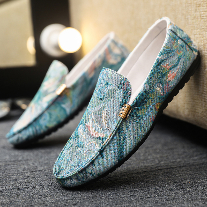 Pánske slip-on pohodlné topánky typu bean, vrchná časť textilná, mäkká podrážka, guľatý špička, priedušné, jar 2025 spustenie