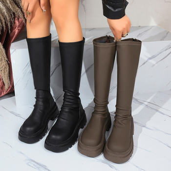 Dámske módne čižmy s štvorcovou špičkou, hrubým podpätkom, 3-5 cm stredný podpätok, zadný zips