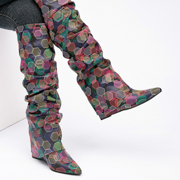 Ženské čižmy do kolien s klinovým podpätkom, špičatý nos, bočné zapínanie na zips, PU vrchná časť, zimné