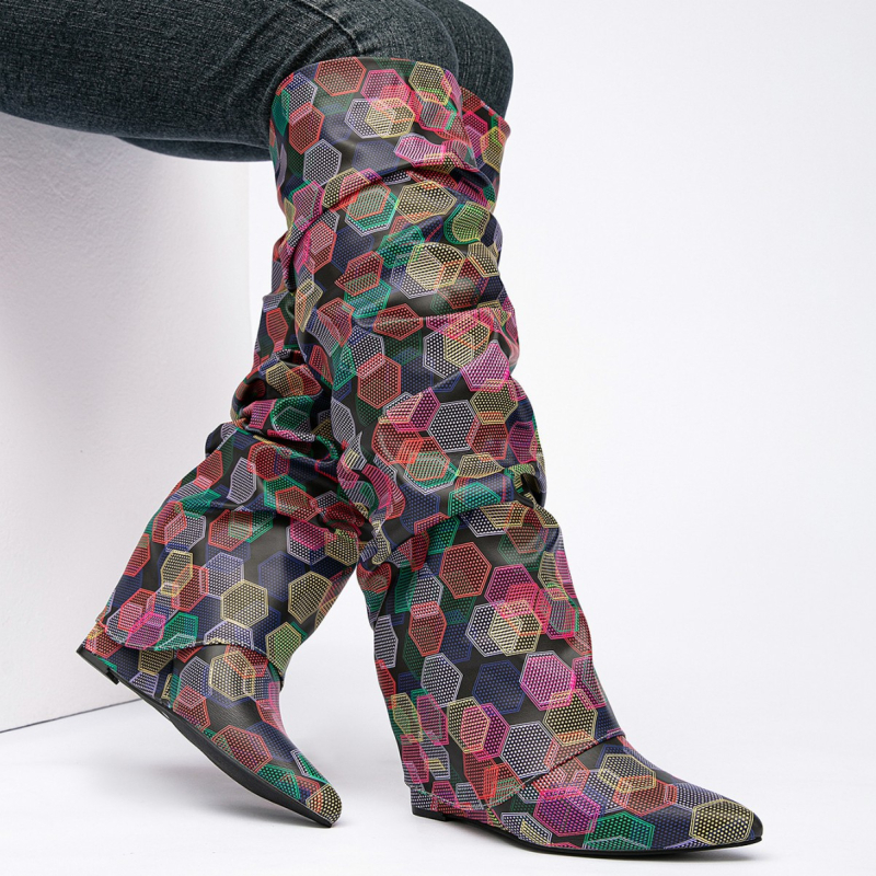 Ženské čižmy do kolien s klinovým podpätkom, špičatý nos, bočné zapínanie na zips, PU vrchná časť, zimné