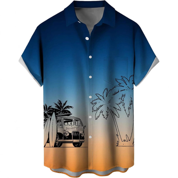 Košele s krátkymi rukávmi, 3D tlač, Slub bavlna s elastanom a polyesterom, golier košeľový, jedno gombové zapínanie, voľný casual strih, jar 2025