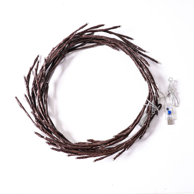 LED reťaz vo forme ratánového konára, 144 LED, 220V, 3000K, IP44, USB napájanie