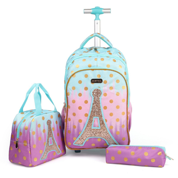 GUSTELL Meitenēm paredzēta mugursoma ar motīvu Dzelzs tornis un spīdumiem - 3 daļu komplekts slodzes samazināšanai, Oxford audums, pamatskola