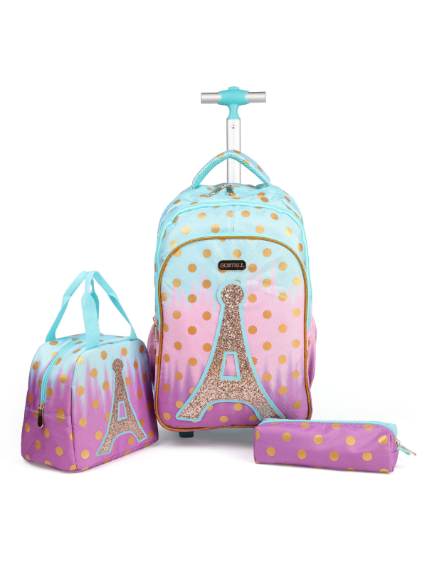 GUSTELL Meitenēm paredzēta mugursoma ar motīvu Dzelzs tornis un spīdumiem - 3 daļu komplekts slodzes samazināšanai, Oxford audums, pamatskola