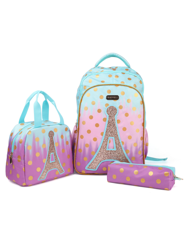 GUSTELL Meitenēm paredzēta mugursoma ar motīvu Dzelzs tornis un spīdumiem - 3 daļu komplekts slodzes samazināšanai, Oxford audums, pamatskola