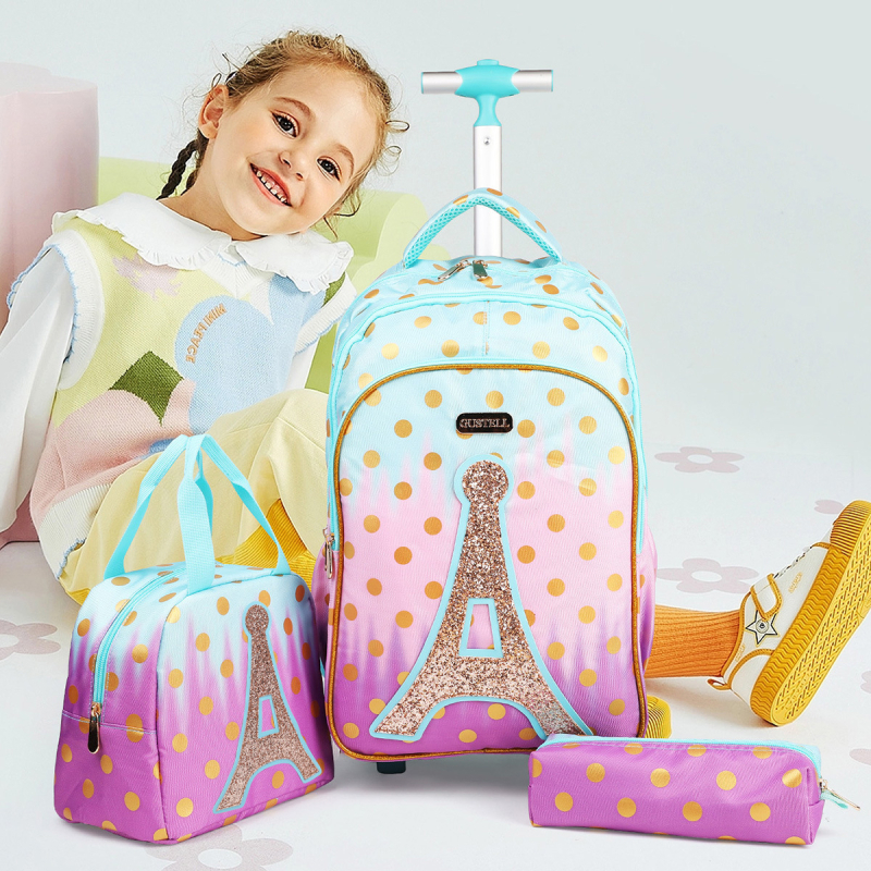 GUSTELL Meitenēm paredzēta mugursoma ar motīvu Dzelzs tornis un spīdumiem - 3 daļu komplekts slodzes samazināšanai, Oxford audums, pamatskola