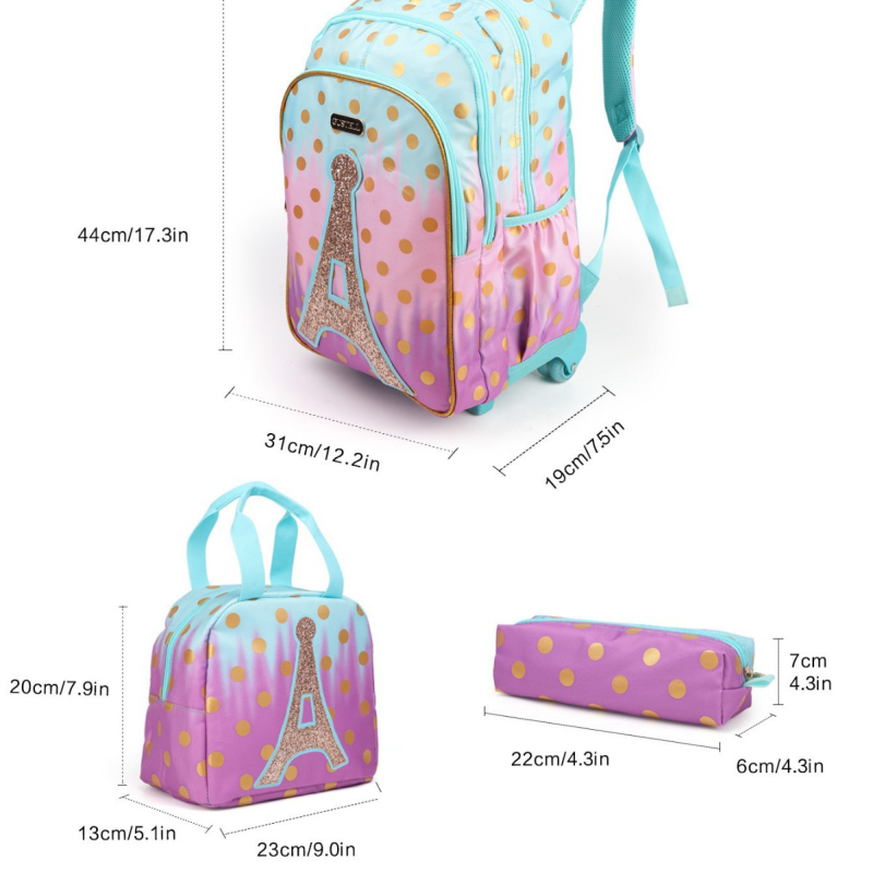 GUSTELL Meitenēm paredzēta mugursoma ar motīvu Dzelzs tornis un spīdumiem - 3 daļu komplekts slodzes samazināšanai, Oxford audums, pamatskola