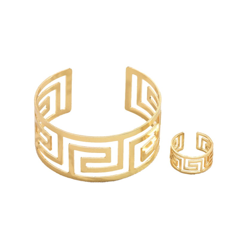 Dámsky set náramok a prsteňa s geometrickým dizajnom, zinková zliatina, pravidelný reťaz, značka Basha