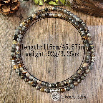 Náhrdelník z 108 korálov z prírodného kameňa, ručne vyrobený s pleteným reťazcom a lotosovým príveskom