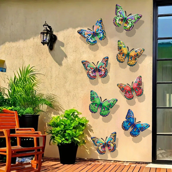3D kovová dekorácia na stenu s motýľmi – súbor ôsmich motýľov pre záhradu a plot