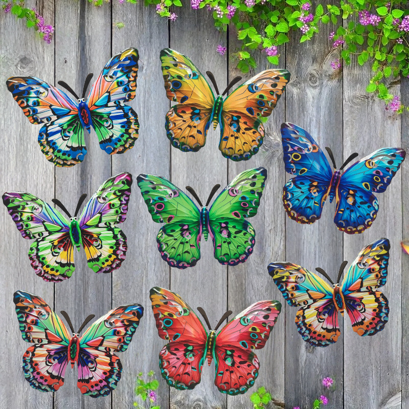 3D kovová dekorácia na stenu s motýľmi – súbor ôsmich motýľov pre záhradu a plot