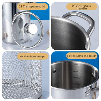 Hlboký hrniec z nehrdzavejúcej ocele 304, zložený dno, multifunkčný kuchynský hrniec na bežnú platňu