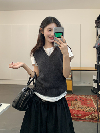 Bezrukávová vesta s káblovou pleteninou, V-krk, kašmír, japonsko-kórejský casual štýl