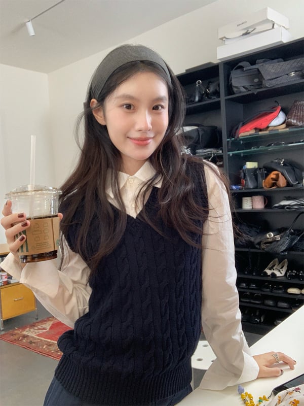 Bezrukávová vesta s káblovou pleteninou, V-krk, kašmír, japonsko-kórejský casual štýl