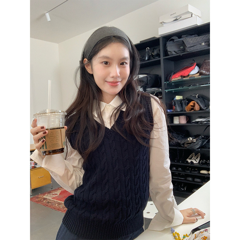 Bezrukávová vesta s káblovou pleteninou, V-krk, kašmír, japonsko-kórejský casual štýl