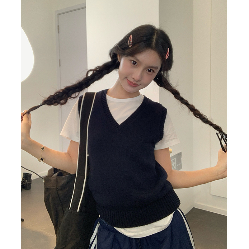Bezrukávová vesta s káblovou pleteninou, V-krk, kašmír, japonsko-kórejský casual štýl
