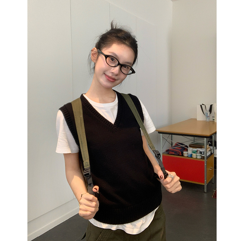 Bezrukávová vesta s káblovou pleteninou, V-krk, kašmír, japonsko-kórejský casual štýl