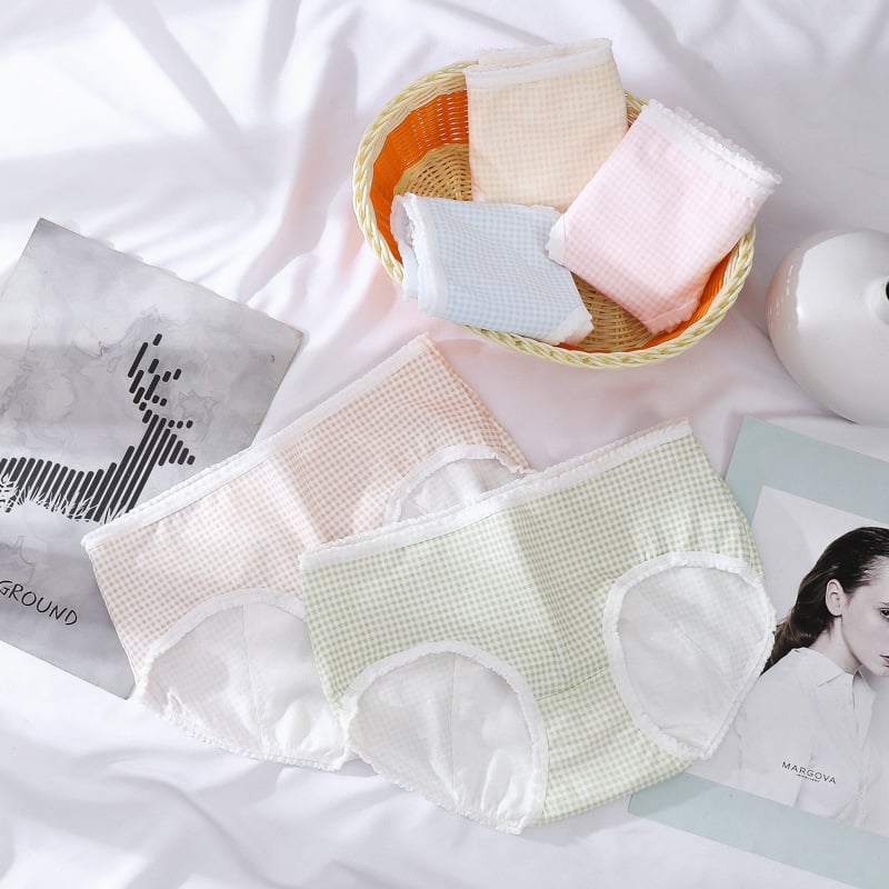 Lenjerie intimă menstruală pentru femei, talie medie, 95% bumbac, căptușeală 100% bumbac, model carouri, protecție împotriva scurgerilor