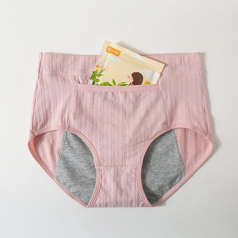 Moteriški aukšto juosmens medvilniniai periodiniai apatiniai, kvėpuojantys; priekyje ir gale apsauga nuo nutekėjimų; pagrindinis audinys 95% medvilnė, tarpkojo įdaila 90% medvilnė