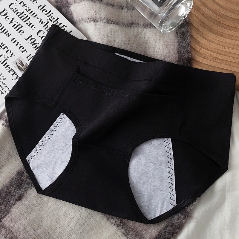 Dámske bavlnené nohavičky na obdobie, stredný pás, ochrana proti úniku, s vreckom so klapkou, priedušné