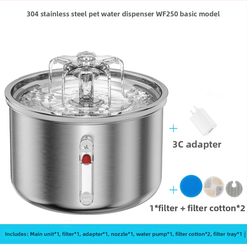 WF250 fontána na vodu pre domáce zvieratá – 304 nerezová oceľ, odnímateľný dizajn, systém cirkulácie vody, vhodná pre psy a mačky, hmotnosť 800 g