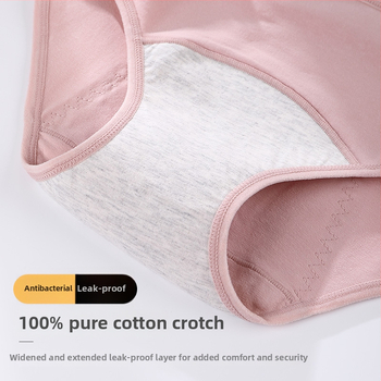 Dámske bavlnené nohavičky so strednou taliou a ochranou proti úniku počas menštruačného obdobia; 95% bavlna, 5% elastán, podšívka rozkroku 100% bavlna, rýchloschnúce