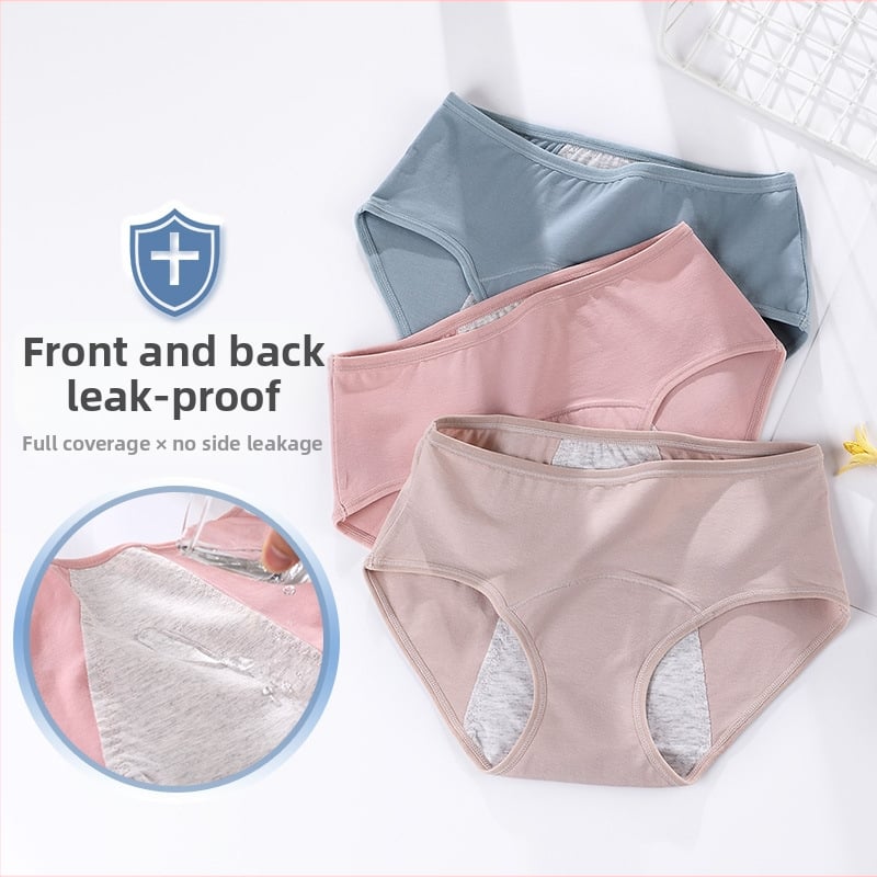 Dámske bavlnené nohavičky so strednou taliou a ochranou proti úniku počas menštruačného obdobia; 95% bavlna, 5% elastán, podšívka rozkroku 100% bavlna, rýchloschnúce