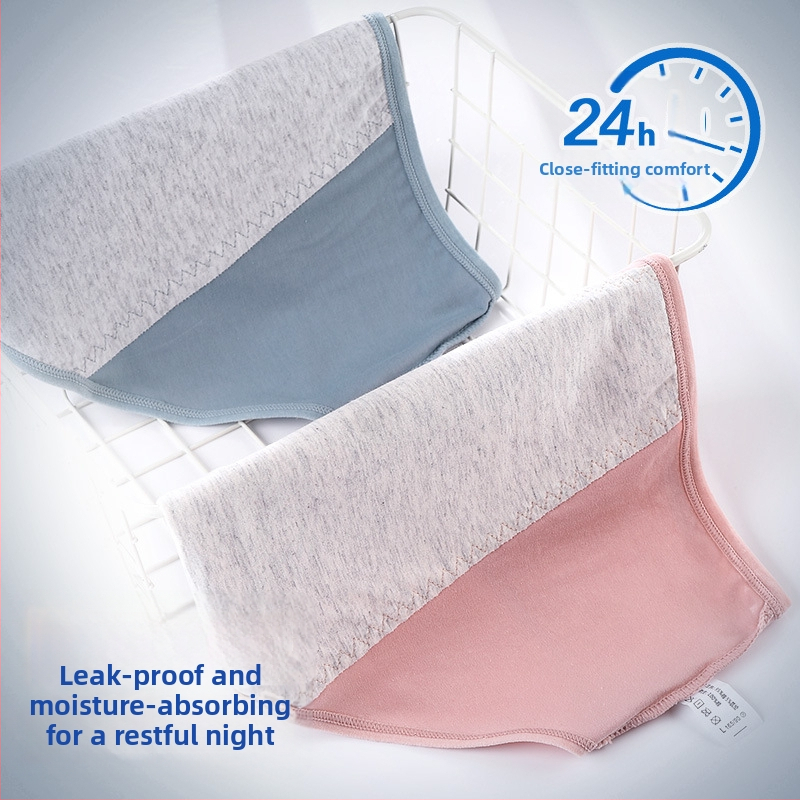 Dámske bavlnené nohavičky so strednou taliou a ochranou proti úniku počas menštruačného obdobia; 95% bavlna, 5% elastán, podšívka rozkroku 100% bavlna, rýchloschnúce