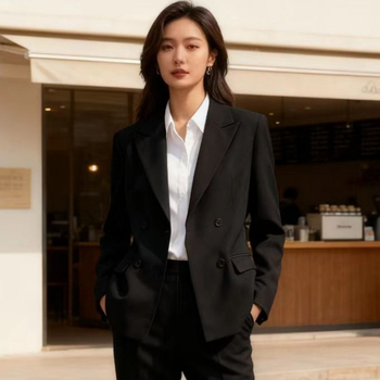 Blazer pre ženy so zúženým pásom, vzor herringbone, špičatý golier, dvojradové gombíky, zmes polyesteru a viskozý