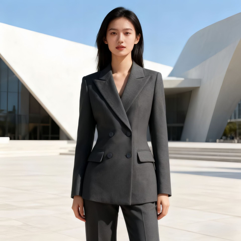 Blazer pre ženy so zúženým pásom, vzor herringbone, špičatý golier, dvojradové gombíky, zmes polyesteru a viskozý