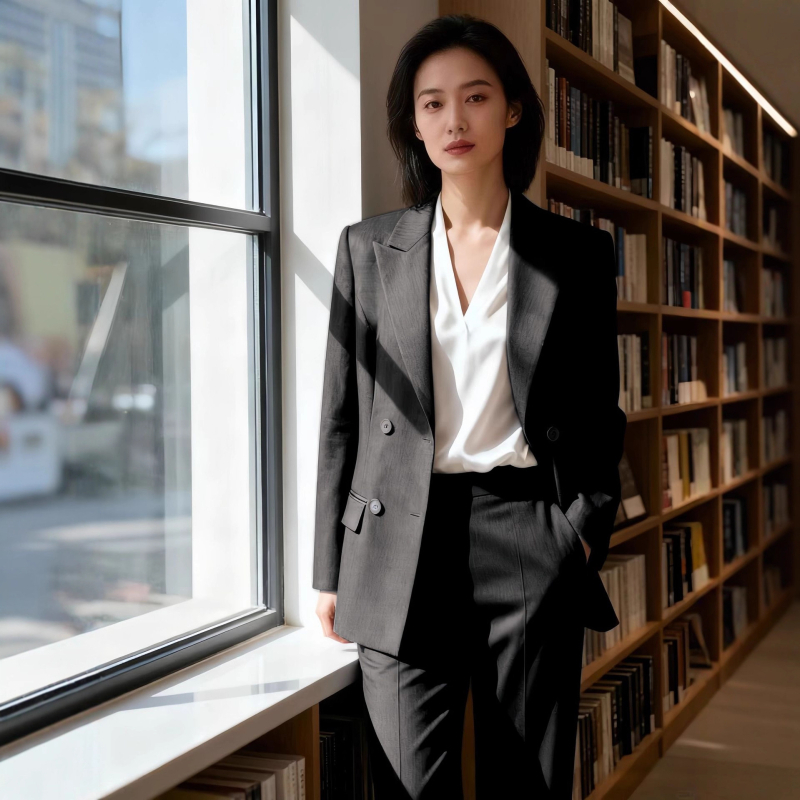 Blazer pre ženy so zúženým pásom, vzor herringbone, špičatý golier, dvojradové gombíky, zmes polyesteru a viskozý