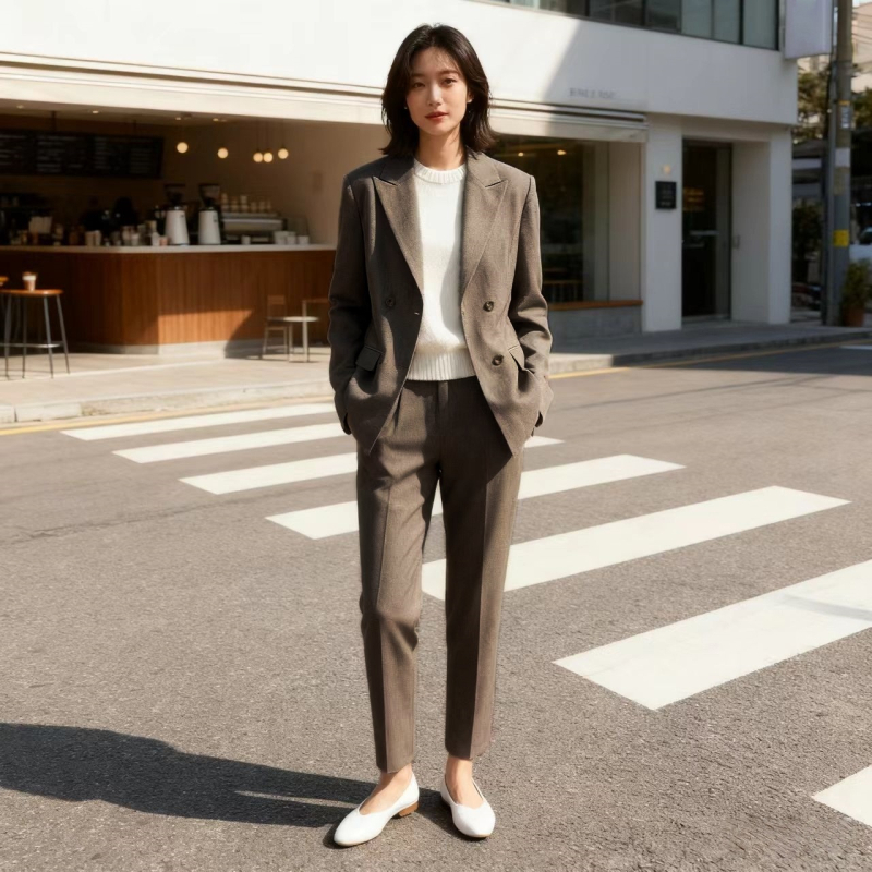 Blazer pre ženy so zúženým pásom, vzor herringbone, špičatý golier, dvojradové gombíky, zmes polyesteru a viskozý