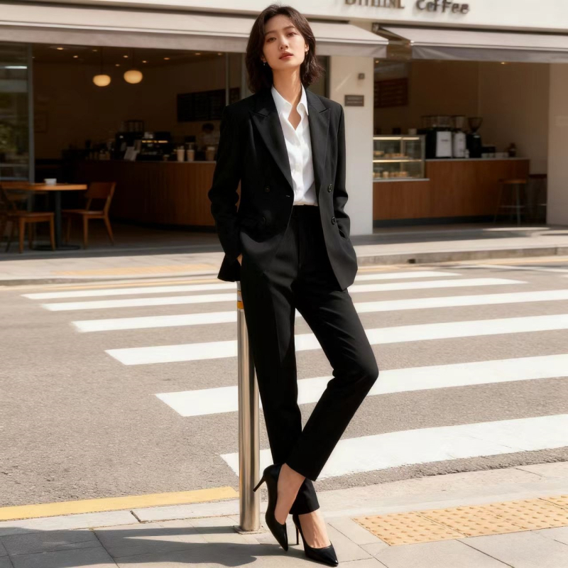 Blazer pre ženy so zúženým pásom, vzor herringbone, špičatý golier, dvojradové gombíky, zmes polyesteru a viskozý