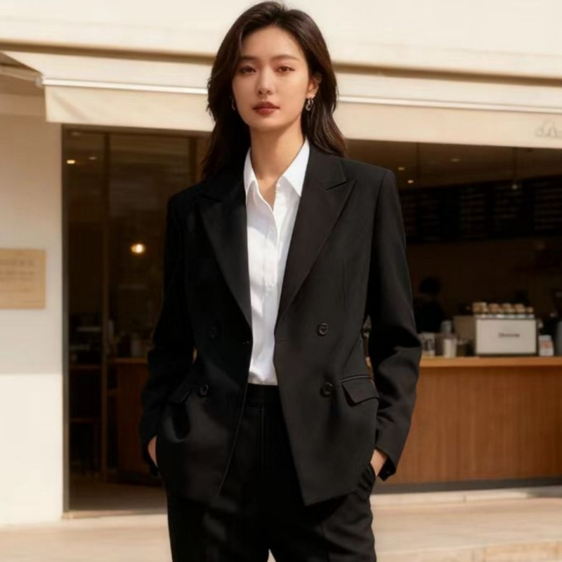 Blazer pre ženy so zúženým pásom, vzor herringbone, špičatý golier, dvojradové gombíky, zmes polyesteru a viskozý